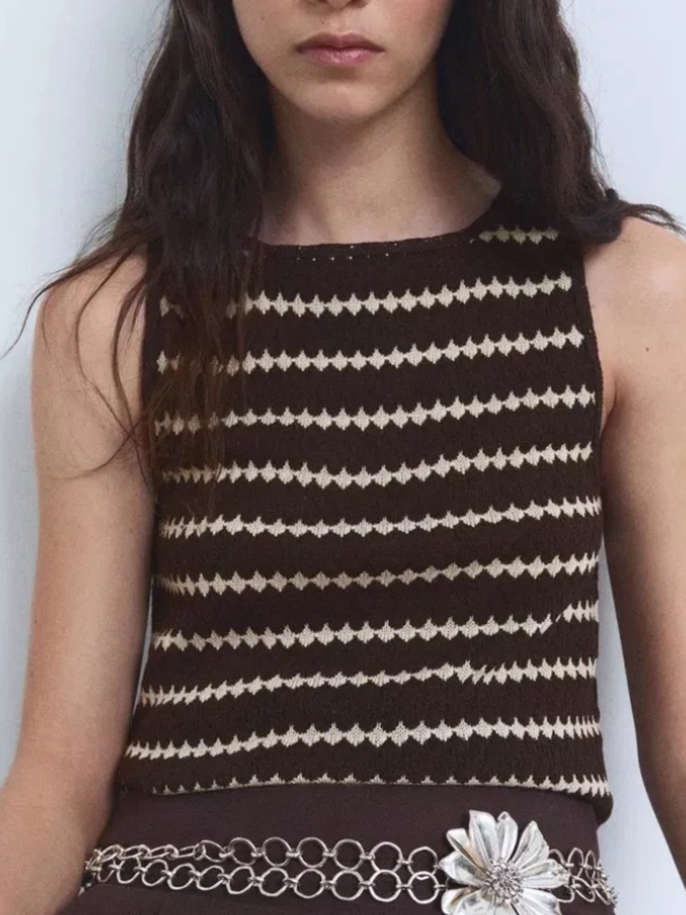 Mango Nati Geometric Stripe Knit Tank Top Brown Ivory Size S NWT